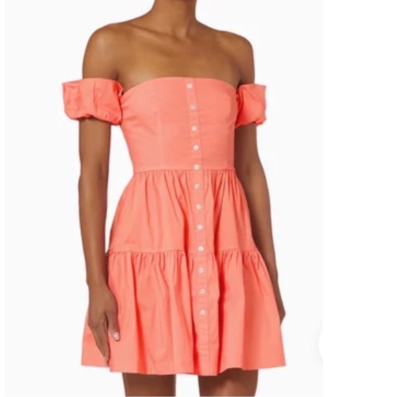 STAUD Dresses & Skirts - Staud Elio Off Shoulder Mini Dress Coral Pink Cotton Poplin Tiered Size 8 luxury